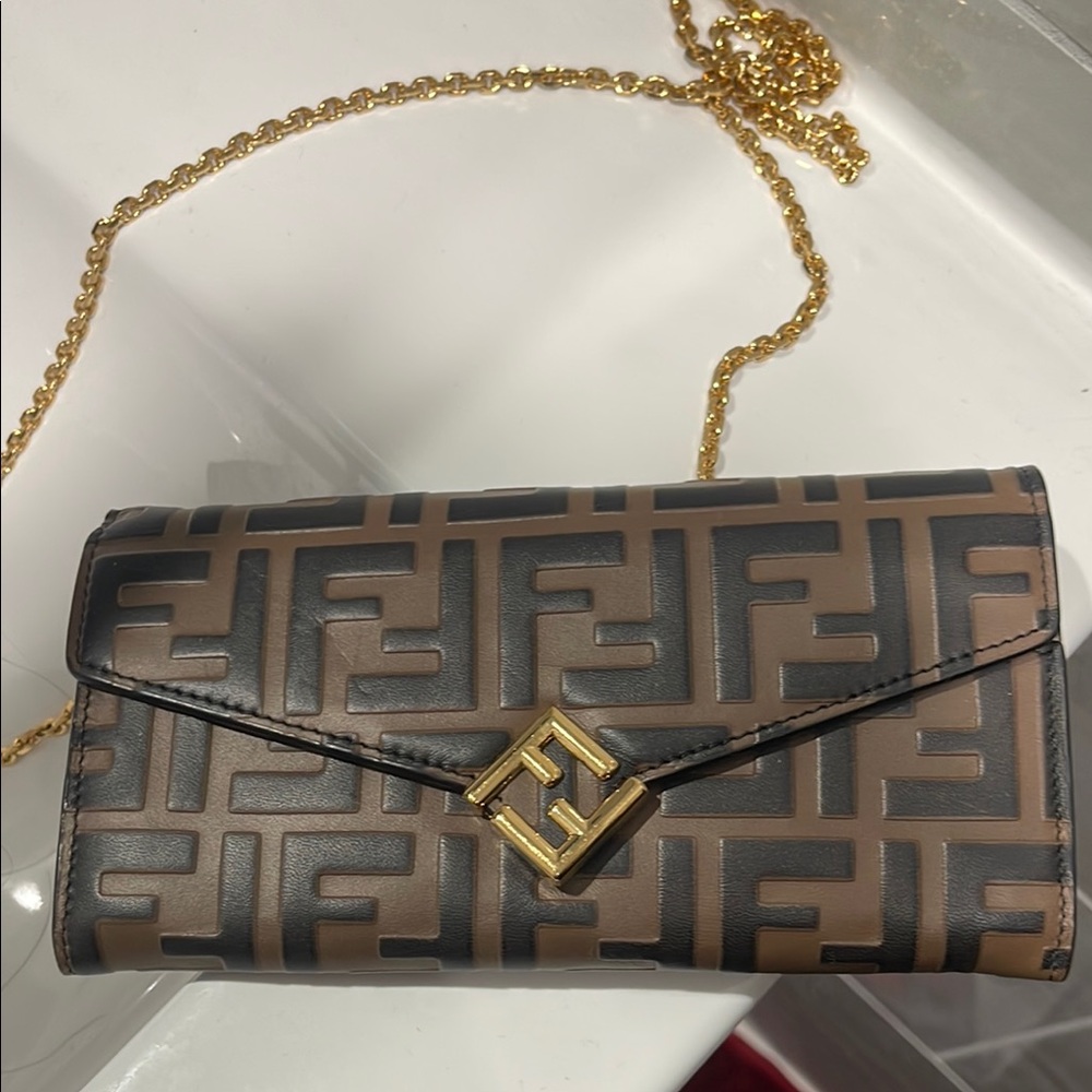 Fendi Brown and Black Clutch with Gold Chain